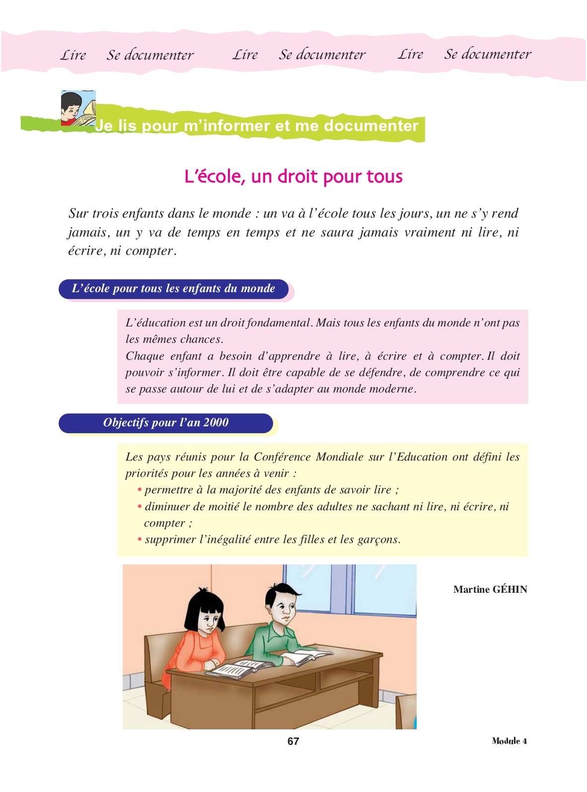 Cahier, page 67, texte documentaire complet : L'école, un droit pour tous
